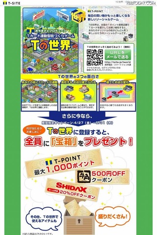 カルチュア・コンビニエンス・クラブ（CCC）は7日、スマートフォンおよびフィーチャーフォン向けのTカード連動型街づくりゲーム『Tの世界』（tsite.jp/tworld）をグランドオープンした。