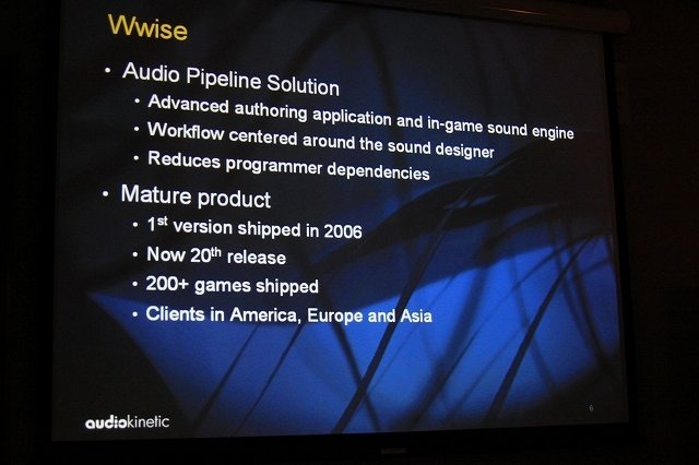 ゲーム向けサウンドの統合ソリューションである「Wwise」(ワイズ)を提供するaudiokineticは、10月に日本オフィスを立ち上げるのを前にGTMFに出展し、日本の開発者にアピールしました。