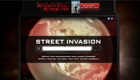 映画「バイオハザードV リトリビューション」（原題：Resident Evil: Retribution）の  本家公式サイト  にて、Google Mapsのストリートビュー機能のAPIを使用したDVD/Blu-ray販促用のゾンビシューティングゲームが公開されている。