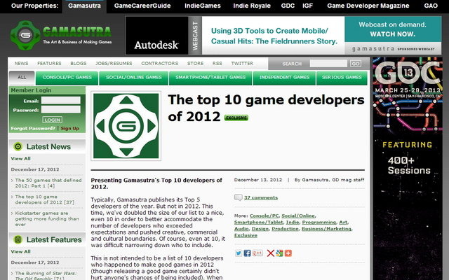 米国のゲーム業界誌「Gamasutra」と「Game Developer」は毎年恒例となっている、トップ10デベロッパーの2012年版を公開しました。例年はトップ5のみですが、多彩なでデベロッパーの活躍が見られたとして倍のリストとなりました。