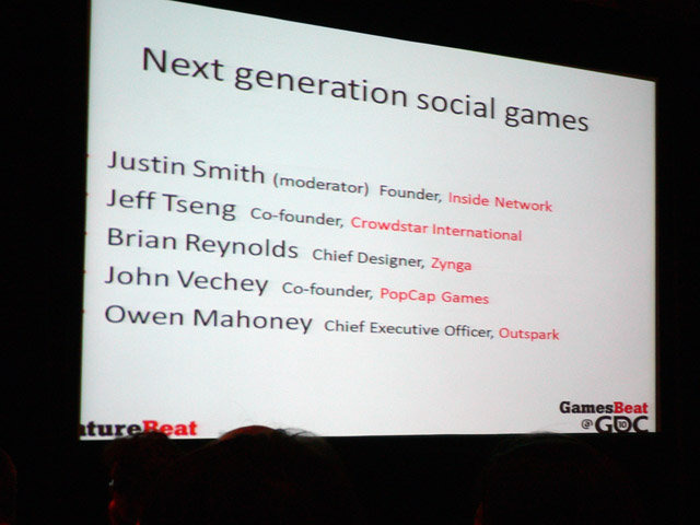 水曜日は朝から「GamesBeat@GDC」というくくりでゲームビジネスに関連する11のセッションが行われました。その中の1つ、午後1時半から開かれた「Next-Generation Social Games（次世代のソーシャルゲーム）」というタイトルのパネルディスカッションについてのレポート
