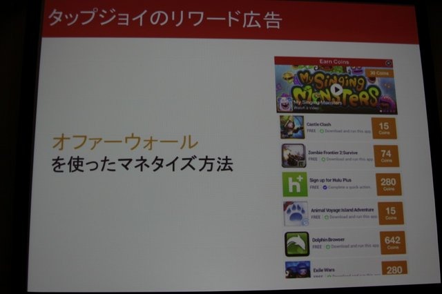 多くの開発者にとって重要性が増している広告ソリューション。25日、グランフロント大阪で開催された「Game Tools & Middleware Forum 2014」にてタップジョイの只隈茂朗氏が「フリーミアムモデルスマートフォンアプリの収益化手段」と題した講演を行いました。