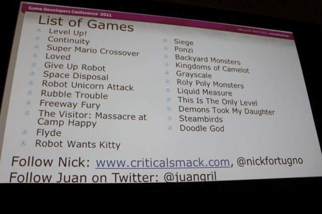 GDC初日の10:00から開催された「Social and Online Game Design 2010 A Year in Review」は、カジュアルゲームの分野で造詣の深い、Nick Fortugno氏(CCO Playmatics)とJuan Gril氏(Joju Games)が、2010年に見つけたイノベーティブなゲームデザインを紹介するというセッ