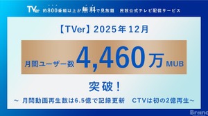 TVer2025年12月、月間ユーザー数が過去最高の4,460万MUBを記録。コネクテッドTV再生数も初の2億回突破 画像