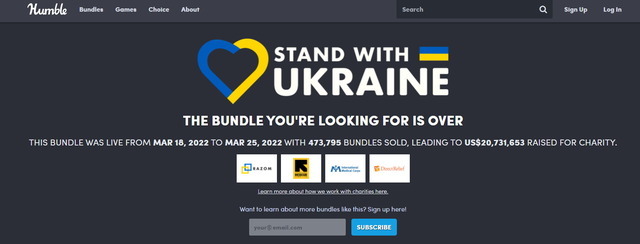 Humble Bundleのウクライナ人道支援「Stand With Ukraine bundle」寄付総額は約25億円超えに