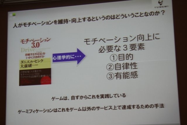 ゲーミフィケーション(Gamification)という言葉が注目を集めています。CEDEC 2日目の午後のセッションでは弊誌でも連載いただいている、ゆめみの深田浩嗣社長が「顧客ロイヤリティ向上のためのゲーミフィケーション」というタイトルで登壇しました。