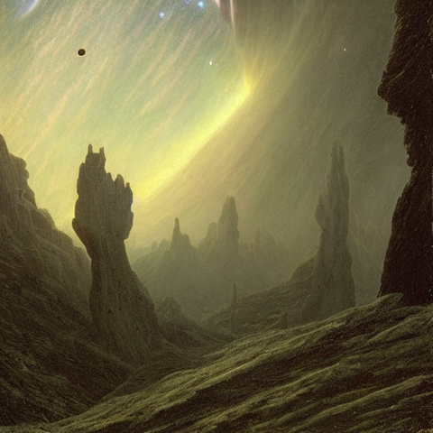筆者がdreamstudioのサンプル文「A dream of a distant galaxy, by Caspar David Friedrich, matte painting trending on artstation HQ」で出力した画像