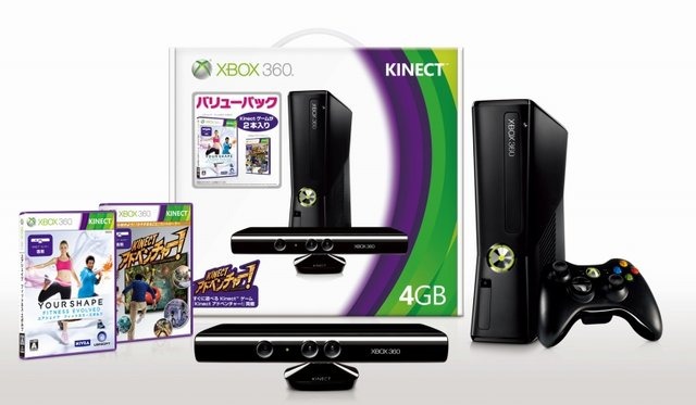 日本マイクロソフトは本日、Xbox 360本体＋KinectセンサーとKinect専用ゲーム『Kinectアドベンチャー！』・『ユアシェイプ フィットネス・エボルブ』がセットになった「Xbox 360 4GB＋Kinect バリューパック」・「Xbox 360 250GB＋Kinect バリューパック」2種を2011年10