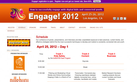 4月25日〜26日の2日間、米ロス・アンジェルスのPasadena Convention Centerにて仮想空間やソーシャルゲーム、ソーシャルアプリに特化したカンファレンスイベント「  Engage!2012  」が開催される。主催はこれまで各種イベントを開催してきた  Engage Digital Media  。