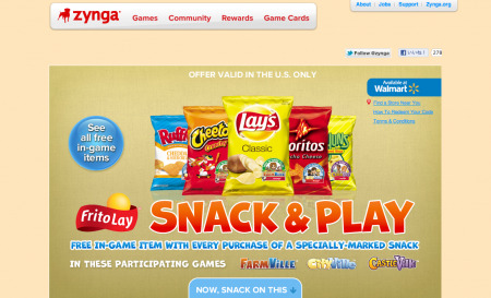 米大手ソーシャルゲームディベロッパー  ジンガ  が、スナック菓子メーカーのFrito-Lay（フリトレー）と提携し、商品と仮想アイテムを連動させたタイアップキャンペーンを実施すると発表した。キャンペーンページは  こちら  。