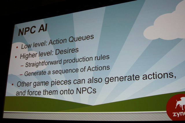 GDC初日の「AI Summit」にて実施された「Managing the Masses: Crafting AI for Online Games」のセッションの中で、ジンガのRobert Zubek氏は人気のソーシャルゲーム『CityVille』に実装された、NPCのAIについて紹介しました。