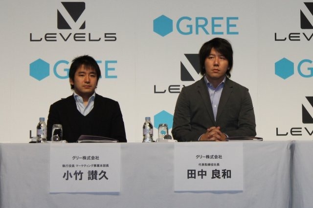 レベルファイブとグリーは、グローバルでのソーシャルゲーム事業の強化を図る為、包括的な業務提携についての記者発表会をおこないました。