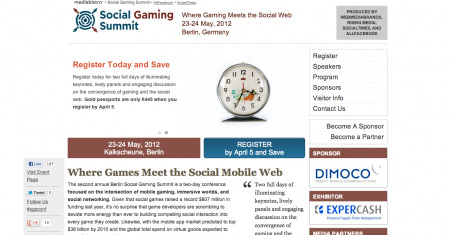 5月23〜24日、ドイツ・ベルリンにてソーシャルゲームに特化したカンファレンスイベント「  Social Gaming Summit  」が開催される。両日参加・昼食・レセプションパーティ付きのゴールドパスポートは本日までの割引価格で445ユーロ（約4万8000円）。サイトより申し込む