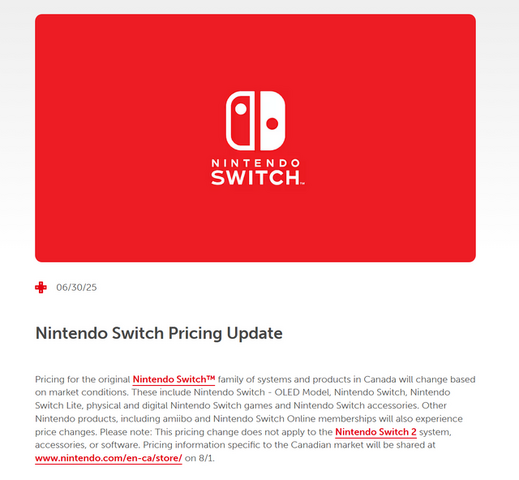 カナダ任天堂が「スイッチ」本体やゲーム、amiiboなど多くの商品を価格変更へ。「スイッチ2」関連は対象外
