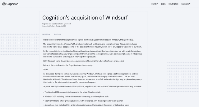 Windsurf、競合AI開発環境Devinの開発元Cognitionに買収される。OpenAIとの破談、Googleによる幹部引き抜きの末に