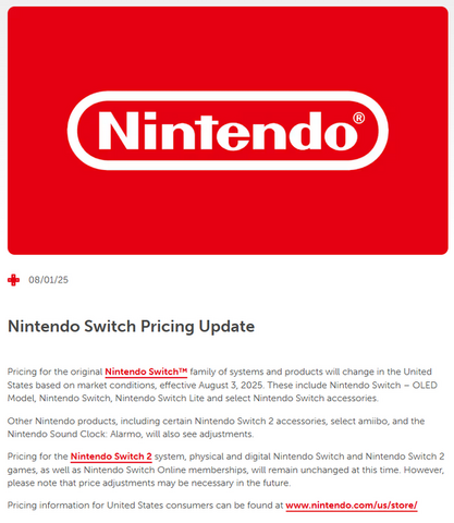 「スイッチ」価格改定の波がアメリカにも…！米任天堂が各種旧スイッチ本体およびアクセサリーについて8月3日より価格の調整を予定