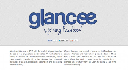 Facebook  がスマーホフォン向けのユーザーマッチングアプリ『  Glancee  』を買収した。Facebookが他社を買収するのはGowalla、Instageamに続きこれが3度目。