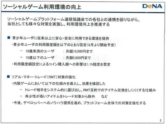 ディー・エヌ・エーは2012年3月期決算説明会を5月9日に開催し、いわゆるコンプリートガチャ（以下、コンプガチャ）について、廃止する方針を発表。開催中のイベントについても順次、改修してくとしました。廃止は内製タイトルから行い、サードパーティタイトルについて