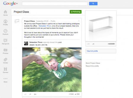 米Googleが、同社が運営するSNS「  Google+  」にてAR（拡張現実）メガネ開発プロジェクト「Project Glass」の成果を発表した。