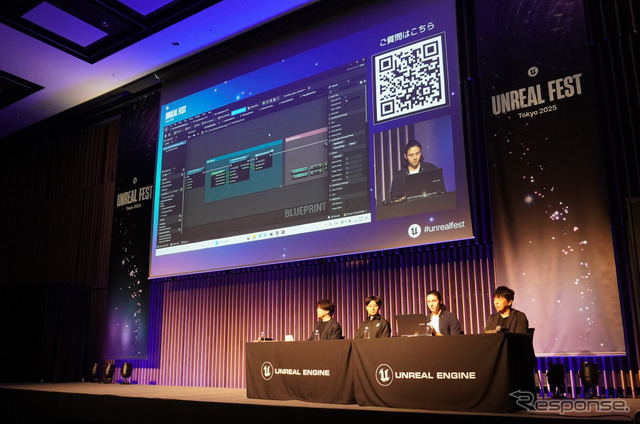 アンリアルエンジンの「ブループリント」機能によって、ノードによるドラッグ＆ドロップで開発ができることを強調