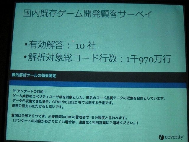 静的解析ツールの開発・販売を行うコベリティは国内10社のアンケート結果を、ゲーム開発者向けツール＆ミドルウェアの展示会「Game Tools & Middleware Forum(GTMF)」で公開しました。その結果、企業がデバッグを行う平均密度はソースコード1000行あたり0.51件であるこ