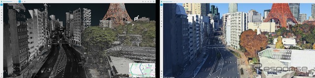 (左)高精度3次元点群データ表示(既存機能)　(右)実写3D表示(新機能)