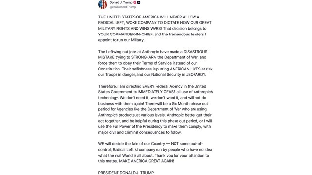 トランプ大統領、連邦政府機関にClaude AIの使用廃止を指示。「Anthropicの技術など不要、使いたくもない」と述べる