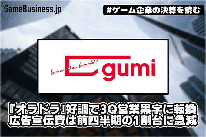 gumi、『オラドラ』好調で3Q営業黒字に転換―広告宣伝費は前四半期の1割台に急減【ゲーム企業の決算を読む】