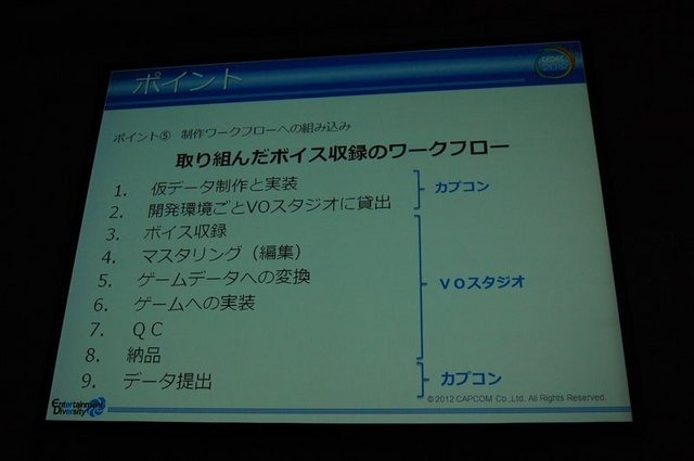 CEDEC2012、2日目にはカプコン大阪制作部サウンド制作室の岸智也氏が、ハリウッドの音響制作のポストプロダクションスタジオとのコラボレーションの事例を実際の経験を元に報告しました。