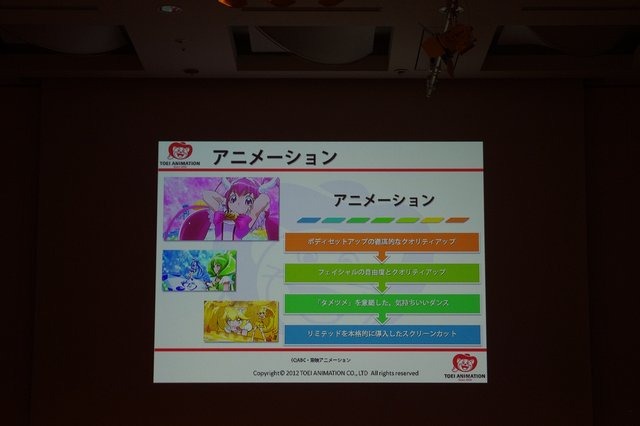 子供から大人まで魅了してやまないアニメ「プリキュア」シリーズですが、その中でもエンディングのダンスはシリーズごとにクオリティが高くなっています。CEDEC2012、3日目はその技術の変遷について制作スタッフ3名によるセッションが開催されました。