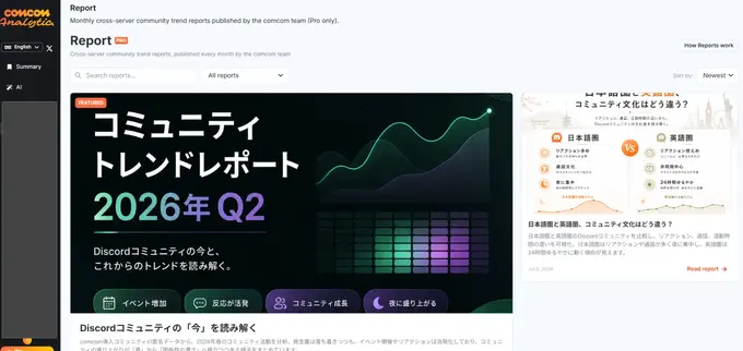 Discordコミュニティ分析「comcom Analytics」がAIコミュニティ評価・月次レポートなど4機能を一斉リリース、ゲーム含む全ジャンルに対象拡大