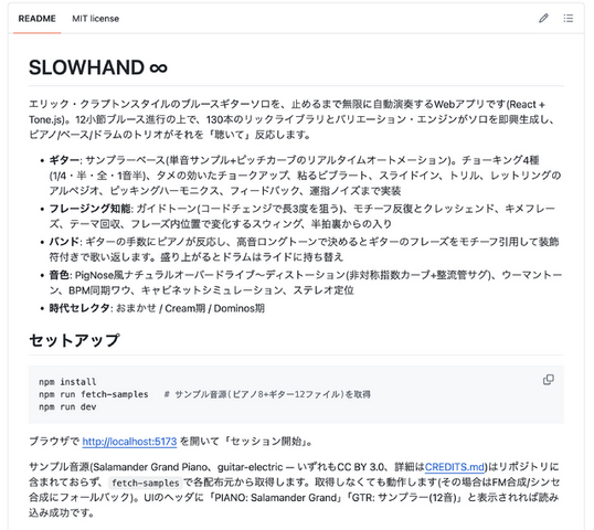 僕はブルースギターを弾けない。だからギターソロ自動演奏プログラム「SLOWHAND ∞」をClaude Fable 5に作ってもらった（CloseBox）