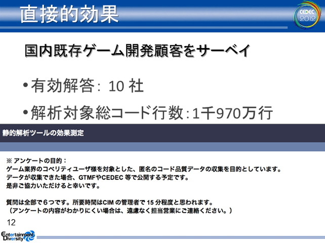 ゲーム開発の規模が拡大するに伴って、コードレビューやデバッグに費やすコストが飛躍的に増大しています。コベリティ日本支社が提供する「Coverity Static Analysis」はこうした問題を解決する静的解析ツールです。CEDEC 2012の2日目、同社の安竹由起夫氏とツールを実