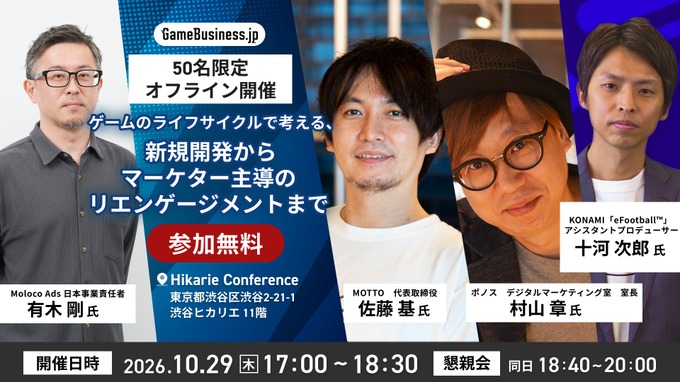 【50名限定】「モバイルゲームの寿命をどう伸ばす？」特別セミナー開催—ポノス・KONAMI・Molocoが登壇、新規タイトルのトレンドからマーケター主導のリエンゲージメントまで徹底解説
