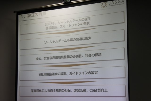 ソーシャルゲームプラットフォームホルダー6社と一般社団法人 コンピュータエンターテインメント協会(CESA)、一般社団法人 日本オンラインゲーム協会(JOGA)らは、ソーシャルゲーム関連事業者で作る一般社団法人ソーシャルゲーム協会(Japan Social Game Association/JASG