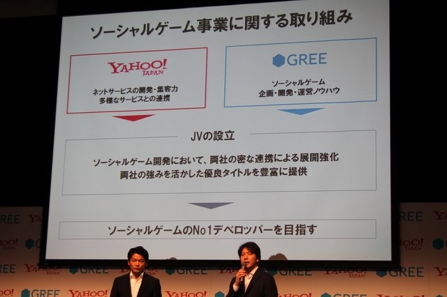 既報の通り、ヤフージャパンとグリーが業務提携を発表しました。夕刻からヤフージャパンの入居する六本木・東京ミッドタウンホールにて記者発表会が開催されました。