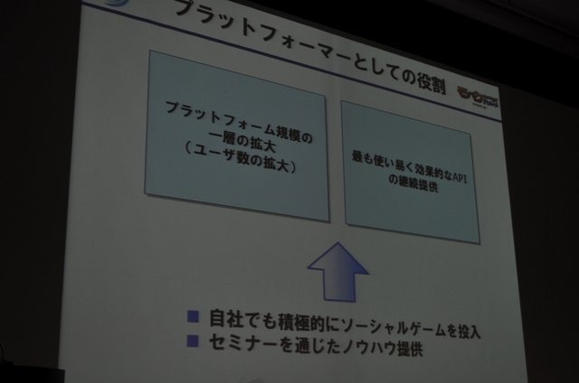 今年のOGCで注目されたのはソーシャルゲームです。基調講演を行ったmixiの笠原氏に続いて、モバゲータウンのディー・エヌ・エーからは取締役 ポータル事業部長兼COOの守安功氏が登壇し「モバイルSNSのオープンAPI」という講演を行いました。