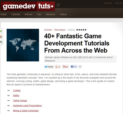 ゲーム開発関連のチュートリアルを多数紹介するgamedev.tutsplus.comにおいて、Webで閲覧できる優れたチュートリアルを40種以上紹介する記事が掲載されています。
