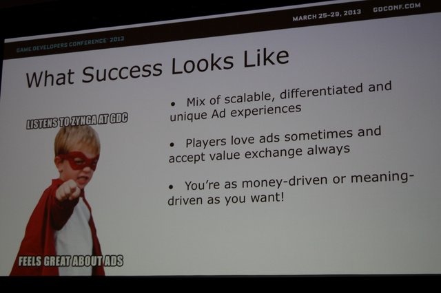 米ソーシャルゲーム大手のジンガのJoshua Burgin氏とJeffery Colen氏は「Put the Payer in Player: Monetizing Games Through Scalable Advertising」と題して、ゲームの収益源としての広告についてジンガのこれまでの取り組みを説明しました。