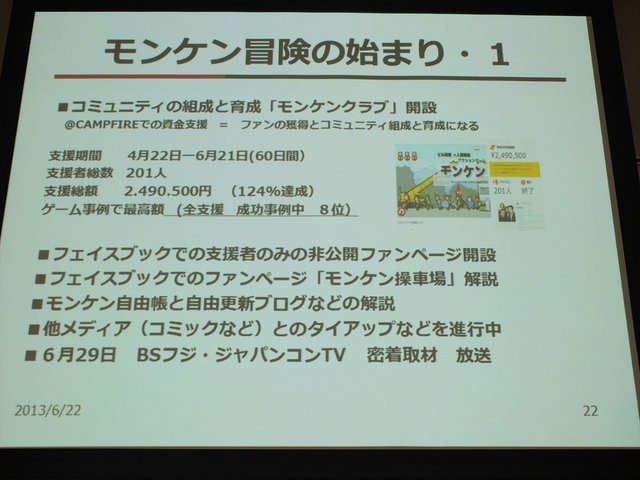 2013年6月22日、東洋美術学校で「ゲームコミュニティサミット2013」が開かれました。本イベントはゲーム開発者コミュニティによる合同イベントであり、黒川文雄氏は黒川塾の主催者として参加。現在、開発中の『モンケン』についての発表を、開発チームの飯田和敏氏、中