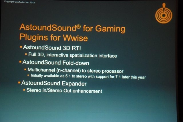 GTMF2013大阪で7月19日、GenAudio Inc.は「AstoundSound for Gaming：ゲームのためのリアルタイム 3D 空間オーディオ」と題した講演を行いました。講演ではGenAudio Inc.のマイケル・ヒネイン氏がゲームオーディオ向けソリューション「Wwise」対応プラグイン「AstoundSo