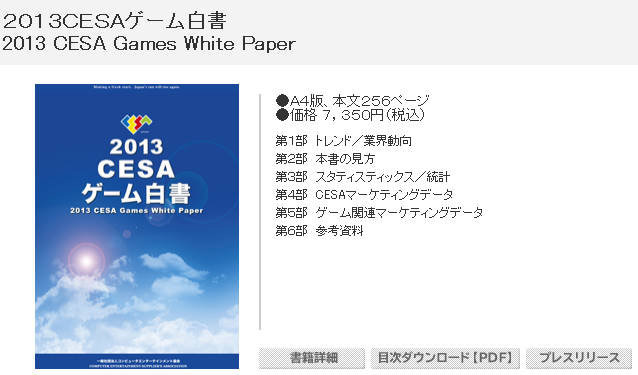 一般社団法人コンピュータエンターテインメント協会(CESA)は、家庭用ゲーム産業の年次報告書「2013CESAゲーム白書」を発刊しました。