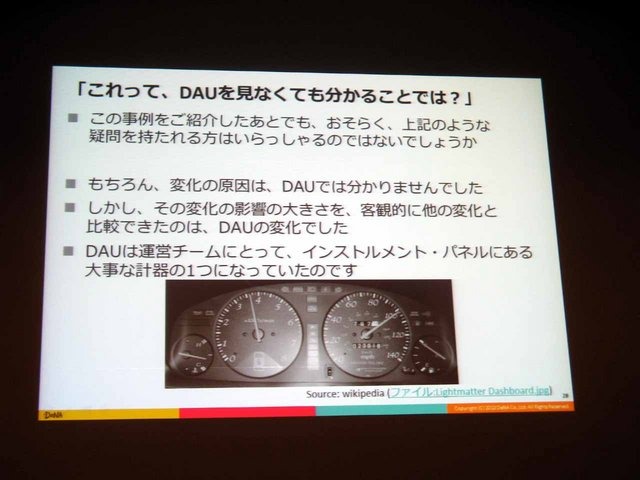 CEDEC 2013にて、ディー・エヌ・エーの野上大介氏がDAUとサービスの動向の相関について「決定版：サービスの盛り上がり具合をユーザの数（DAU）から読み解く方法」と題した講演を行いました。