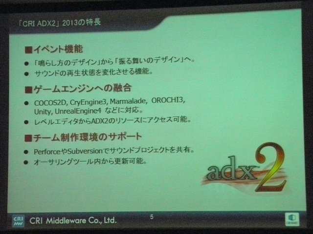 CRI・ミドルウェアは言わずと知れた日本の誇る老舗ミドルウェア開発会社です。動画再生ミドルウェアのCRI Sofdec2、ファイル圧縮・バッキングなどを行うシステムのファイルマジックPROなど、同社にはいくつもの製品ラインアップがあります。CEDEC 2013では同社の代表取