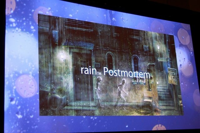 SCE JAPAN STUDIOが開発して昨年10月に発売された『rain』のポストモーテムが、GDC 4日目の午後、プロデューサーの鈴田健氏、ディレクターの池田佑基氏が登壇して行われました。美しいビジュアルと独特のゲームプレイで多数の賞を獲得した『rain』。しかしその開発プロ