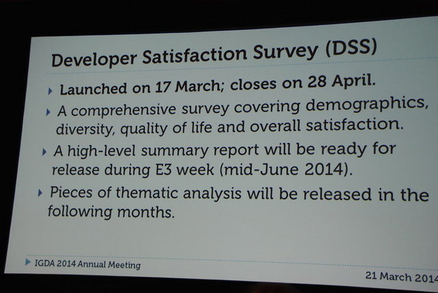 国際ゲーム開発者協会（IGDA）はGDC期間中の3月21日（現地時間）に年次総会を行い、「Developer Satisfaction Survey (ゲーム開発者の満足度調査、DSS)」などの取り組みを開始したと報告しました。DSSは3月17日から4月28日までウェブ上で実施され、E3にあわせて報告書が