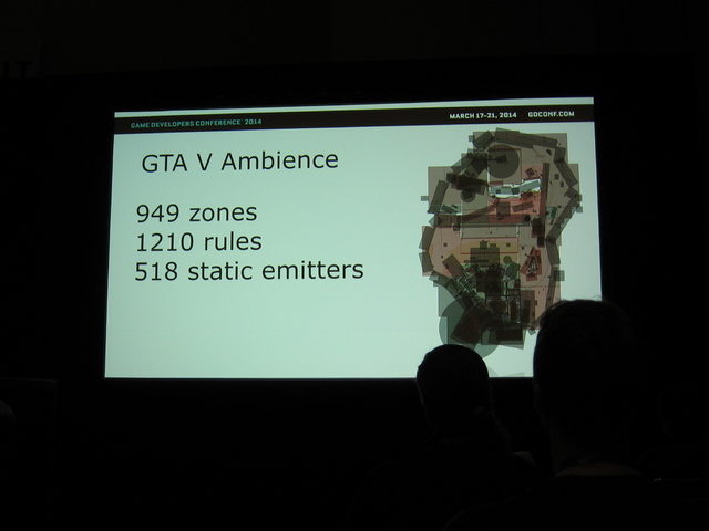 2014年3月21日、 『グランド・セフト・オートV』のオーディオプログラマー、Alastair MacGregorは「The Sound of Grand Theft Auto V」と題したGDC 2014のセッションで同作 の音声について語りました。