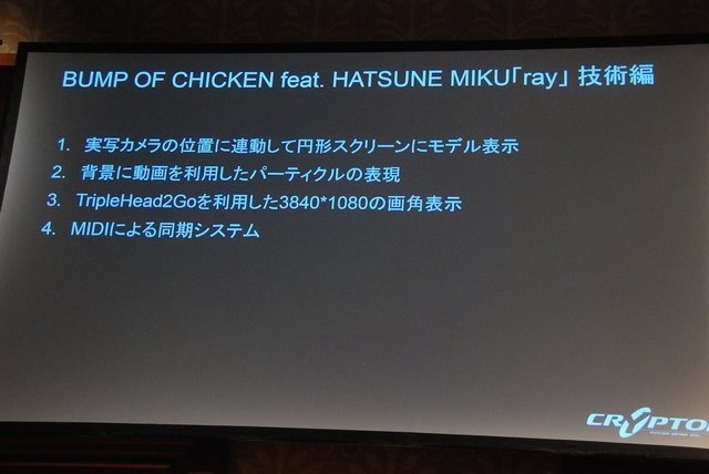 ゲームエンジンながら、今ではゲーム以外のさまざまな用途でも使用されているUnity。人気ロックバンドのBUMP OF CHICKENと、初音ミクのコラボ曲『ray』のPVで作成された特設映像でも、Unityが使用されています。もっともCG合成ではなく、プロジェクターで投影された初音