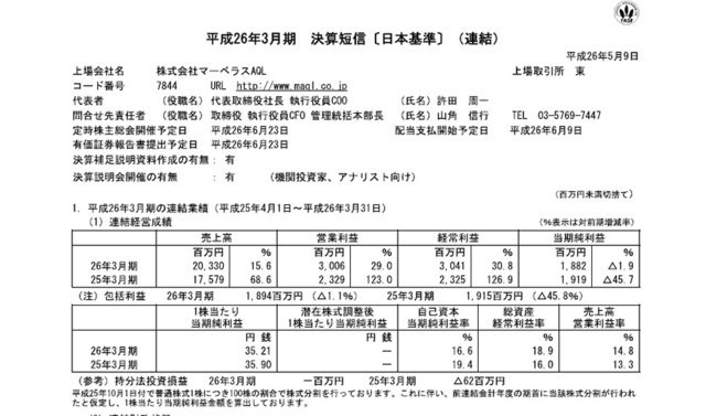 マーベラスAQLは、平成26年3月期決算を発表しました。