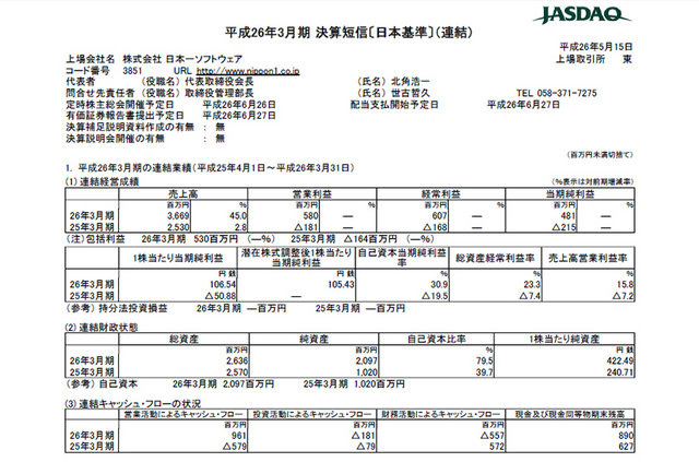 日本一ソフトウェアは、平成26年3月期決算を発表しました。